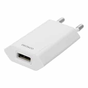 DELTACO USB-seinälaturi, 1xUSB-A, 1A, 5W, myyntipakkaus, valkoinen | USB-AC173